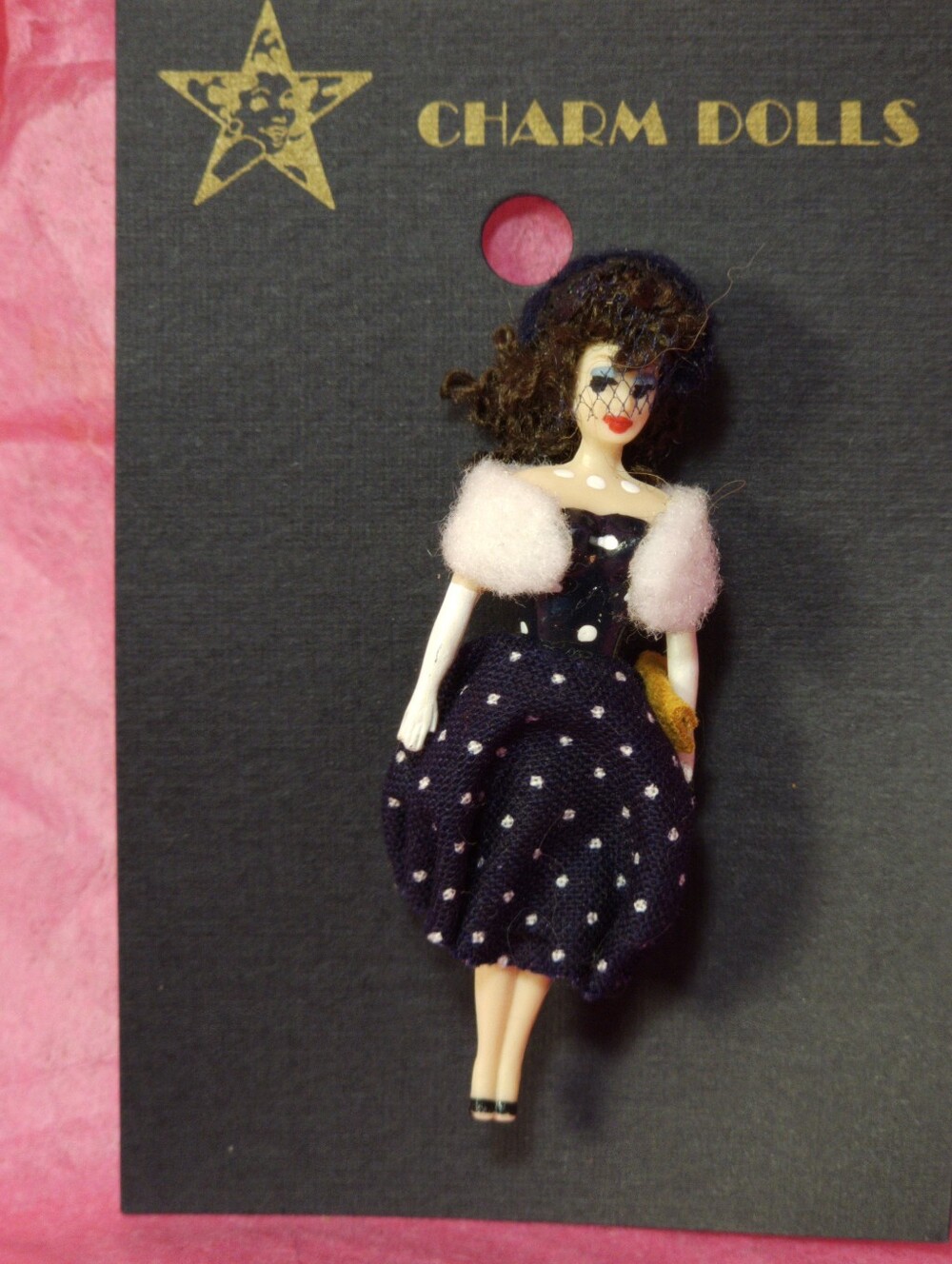 MIB Vintage 1997 Charm Doll Designs Polka Dot Dress Brooch Pin Item #03